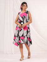 Thumbnail for Janasya Dark Cotton Floral Handkerchief Dress