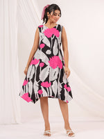 Thumbnail for Janasya Dark Cotton Floral Handkerchief Dress