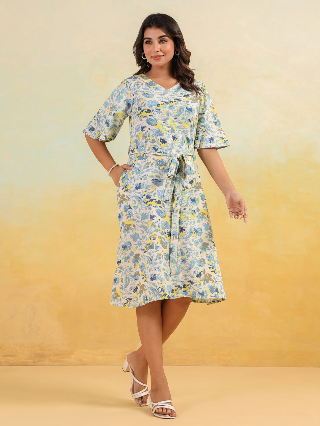 Janasya Light Cotton Floral A-Line Dress
