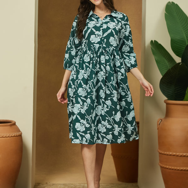 Janasya Dark Cotton Floral Fit & Flare Dress