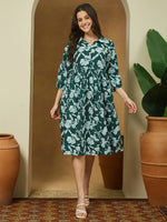 Thumbnail for Janasya Dark Cotton Floral Fit & Flare Dress