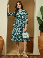 Thumbnail for Janasya Dark Cotton Floral Fit & Flare Dress