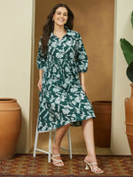 Thumbnail for Janasya Dark Cotton Floral Fit & Flare Dress