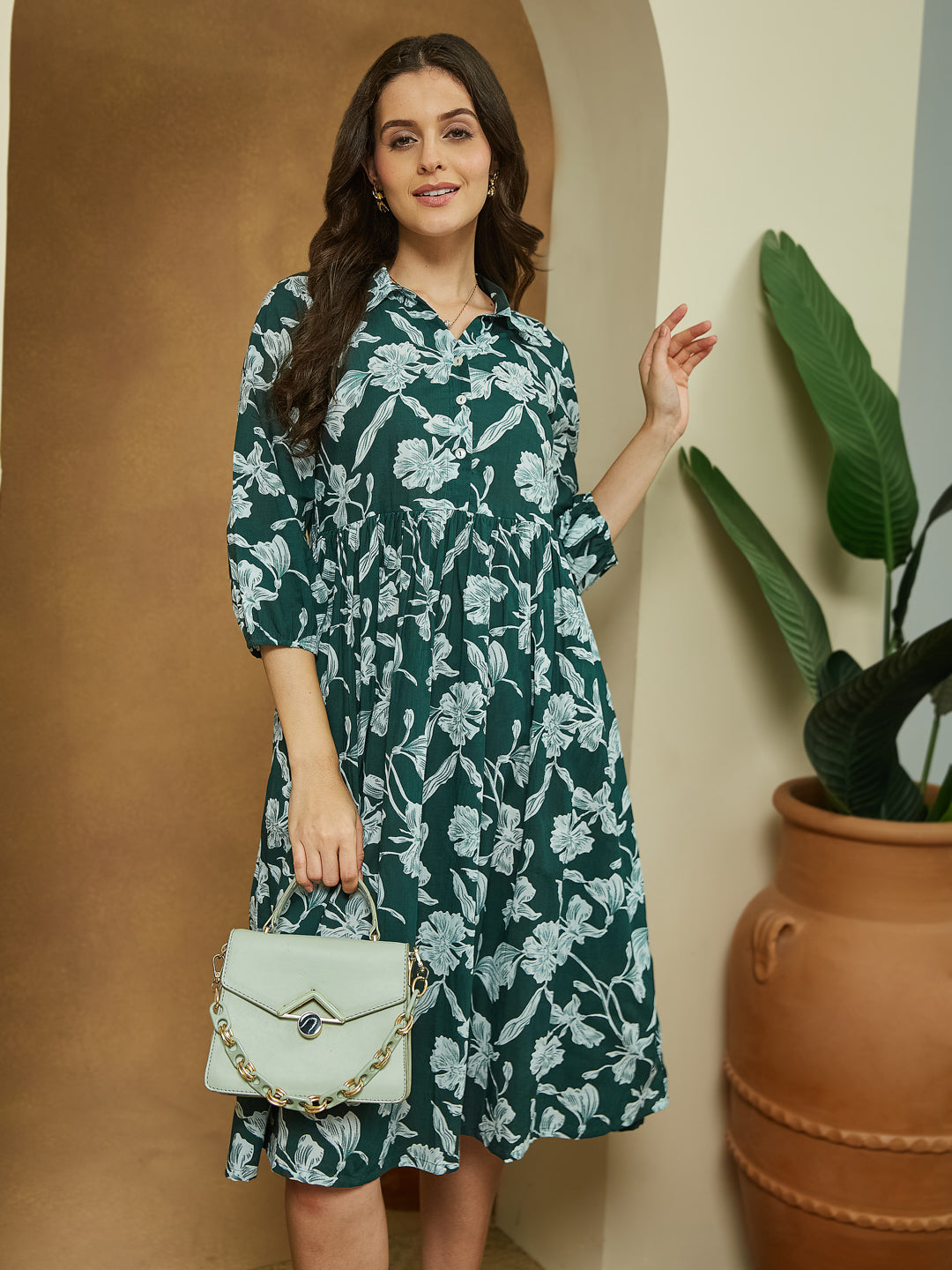 Janasya Dark Cotton Floral Fit & Flare Dress