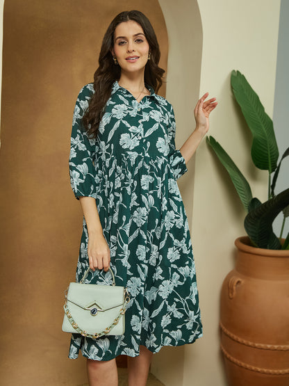 Janasya Dark Cotton Floral Fit & Flare Dress - Distacart
