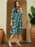 Thumbnail for Janasya Dark Cotton Floral Fit & Flare Dress