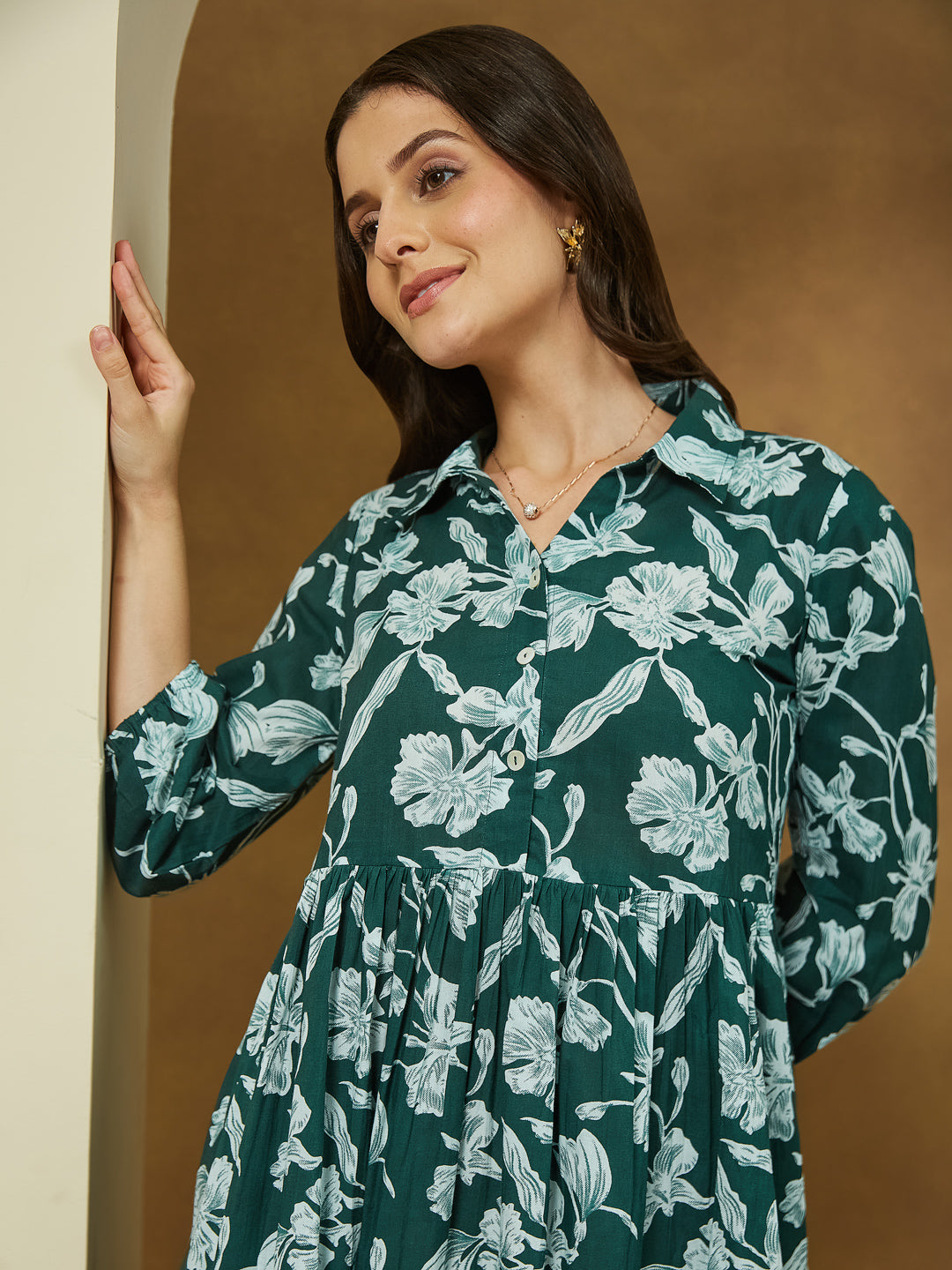 Janasya Dark Cotton Floral Fit & Flare Dress