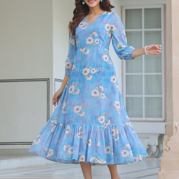 Janasya Light Georgette Floral A-Line Dress