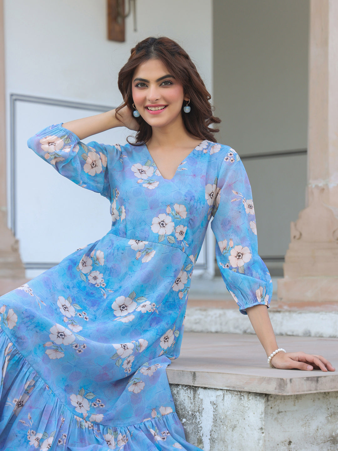 Janasya Light Georgette Floral A-Line Dress