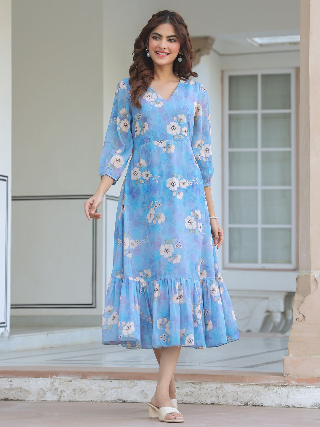 Janasya Light Georgette Floral A-Line Dress