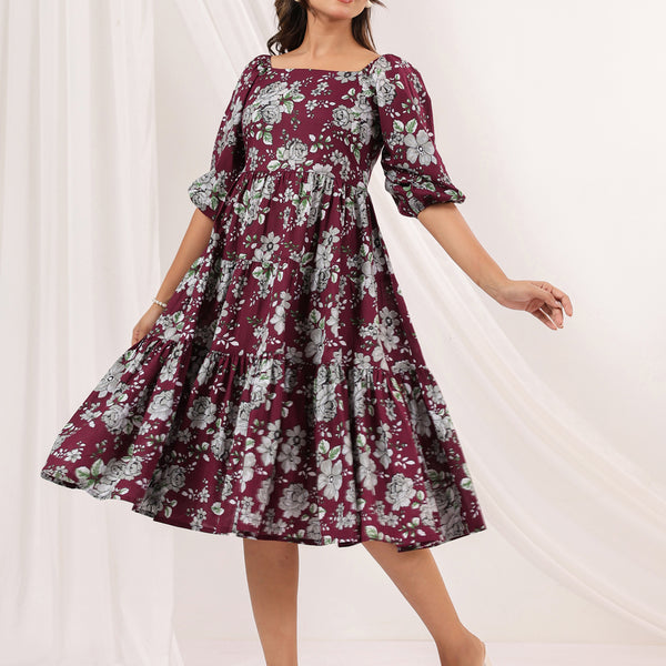 Janasya Dark Cotton Floral Tiered Dress