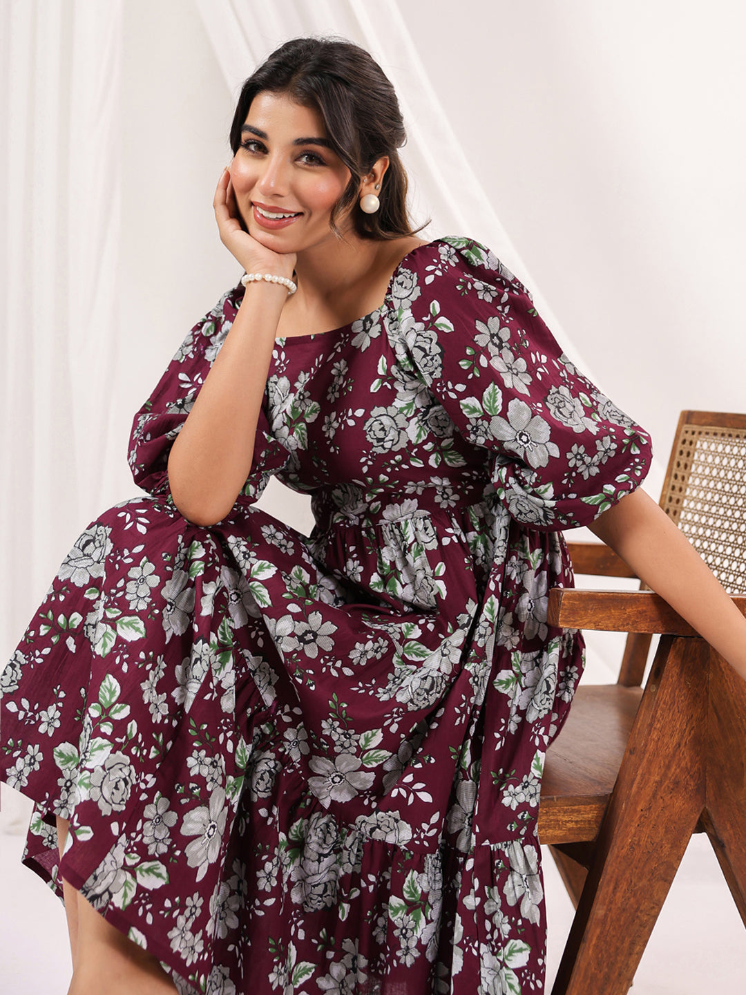 Janasya Dark Cotton Floral Tiered Dress