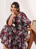 Thumbnail for Janasya Dark Cotton Floral Tiered Dress