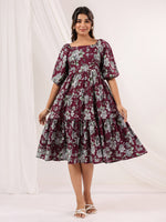 Thumbnail for Janasya Dark Cotton Floral Tiered Dress