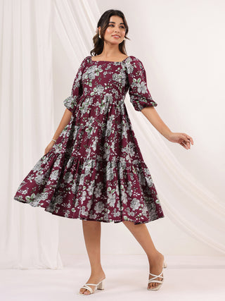 Janasya Dark Cotton Floral Tiered Dress