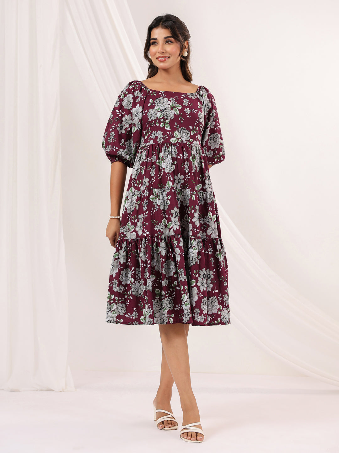 Janasya Dark Cotton Floral Tiered Dress