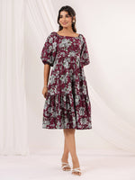 Thumbnail for Janasya Dark Cotton Floral Tiered Dress