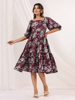 Thumbnail for Janasya Dark Cotton Floral Tiered Dress