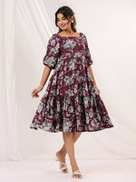 Thumbnail for Janasya Dark Cotton Floral Tiered Dress