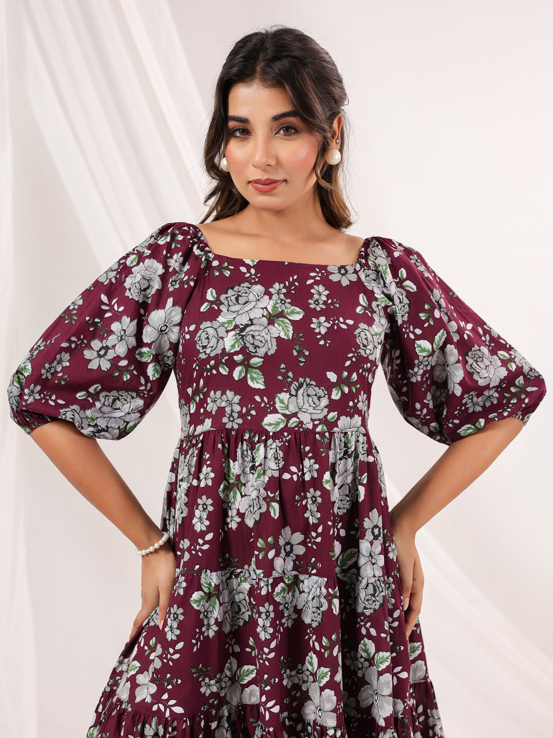 Janasya Dark Cotton Floral Tiered Dress