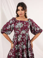 Thumbnail for Janasya Dark Cotton Floral Tiered Dress