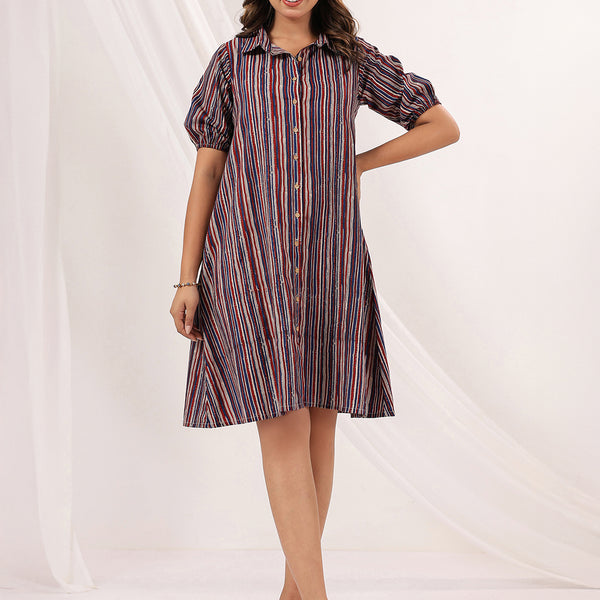 Janasya Dark Cotton Striped A-Line Dress