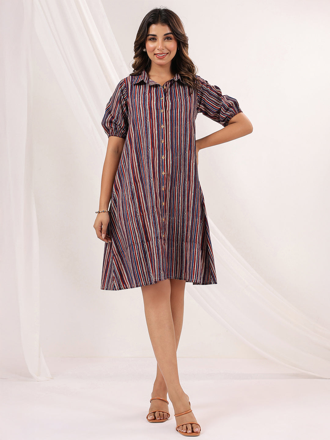 Janasya Dark Cotton Striped A-Line Dress