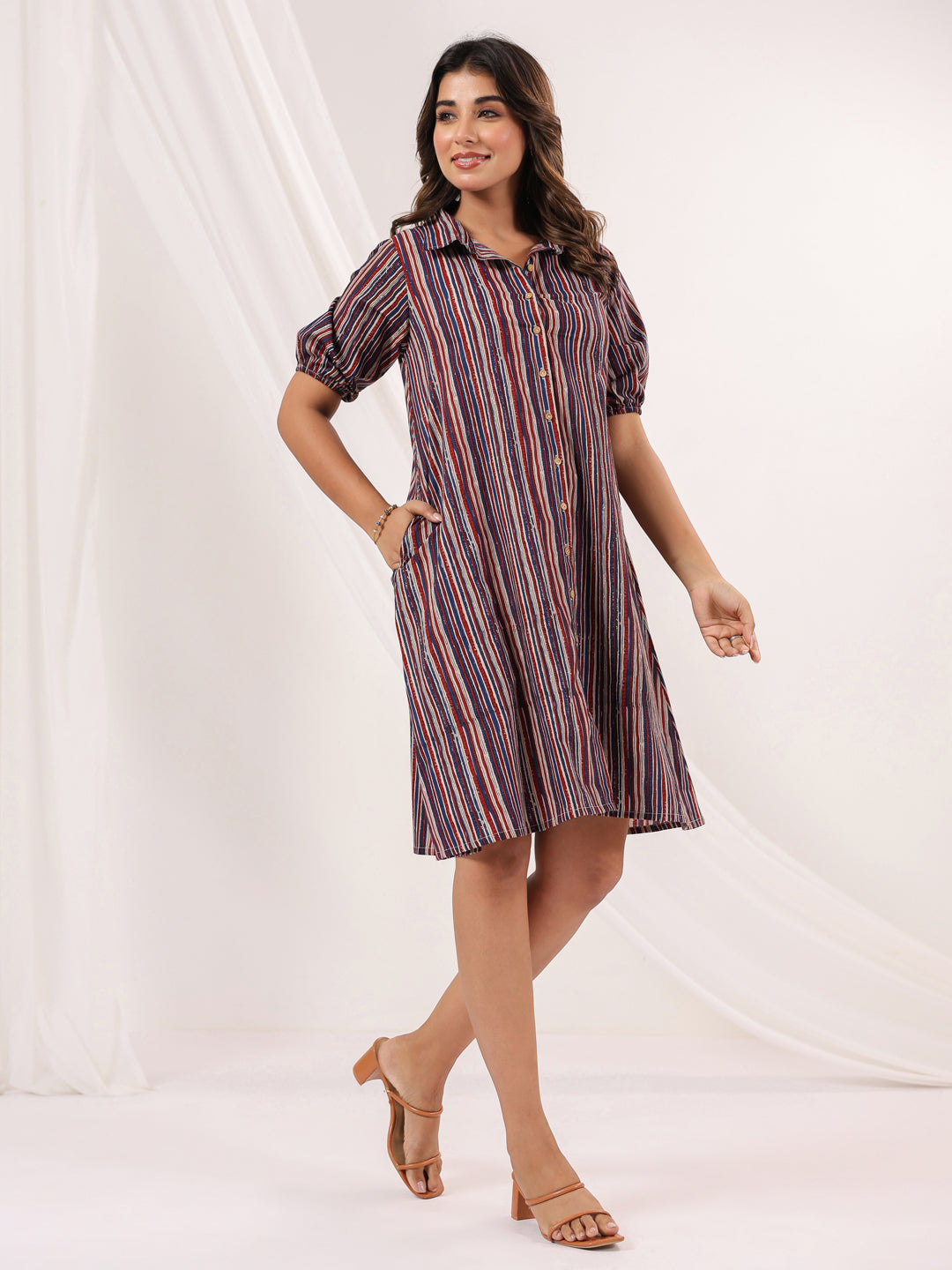 Janasya Dark Cotton Striped A-Line Dress