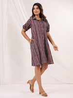 Thumbnail for Janasya Dark Cotton Striped A-Line Dress