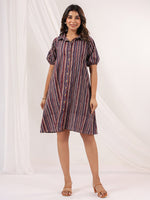 Thumbnail for Janasya Dark Cotton Striped A-Line Dress