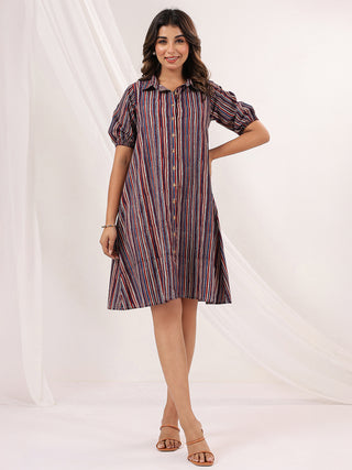 Janasya Dark Cotton Striped A-Line Dress