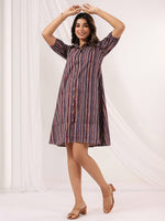 Thumbnail for Janasya Dark Cotton Striped A-Line Dress
