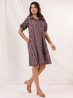 Thumbnail for Janasya Dark Cotton Striped A-Line Dress