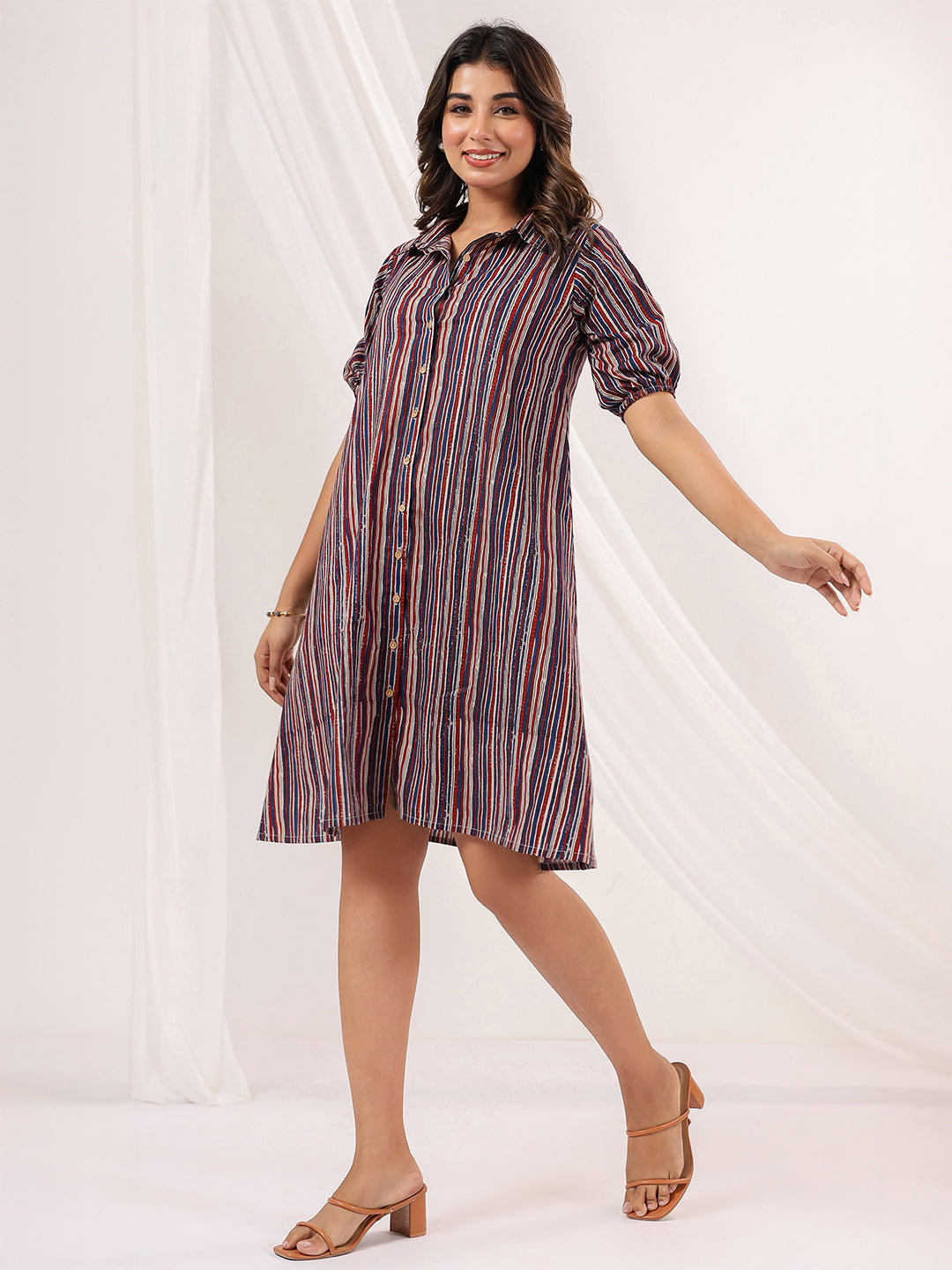 Janasya Dark Cotton Striped A-Line Dress