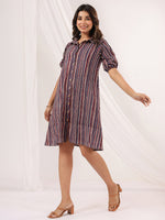 Thumbnail for Janasya Dark Cotton Striped A-Line Dress