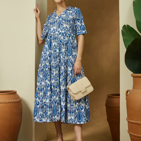 Janasya Bright Flex Ikkat Tiered Dress