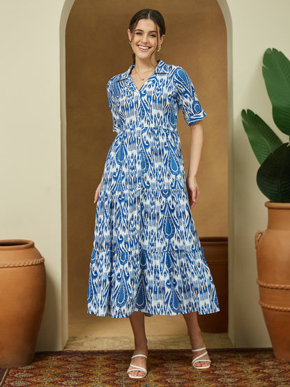 Janasya Bright Flex Ikkat Tiered Dress - Distacart