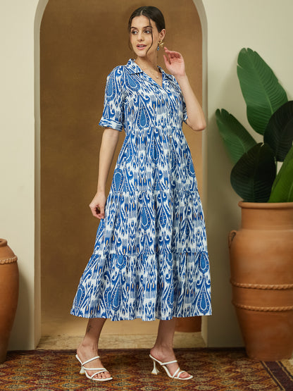 Janasya Bright Flex Ikkat Tiered Dress - Distacart
