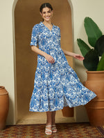 Thumbnail for Janasya Bright Flex Ikkat Tiered Dress