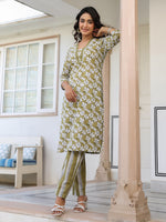 Thumbnail for Janasya Dark Cotton Floral Straight Kurta Set