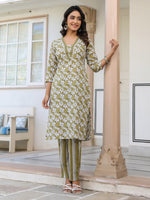 Thumbnail for Janasya Dark Cotton Floral Straight Kurta Set