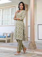 Thumbnail for Janasya Dark Cotton Floral Straight Kurta Set