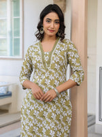 Thumbnail for Janasya Dark Cotton Floral Straight Kurta Set