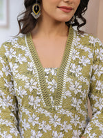 Thumbnail for Janasya Dark Cotton Floral Straight Kurta Set