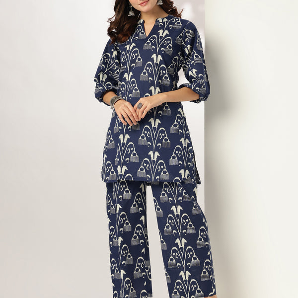 Janasya Dark Cotton Ikkat Straight Top & Bottom Set