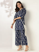 Thumbnail for Janasya Dark Cotton Ikkat Straight Top & Bottom Set