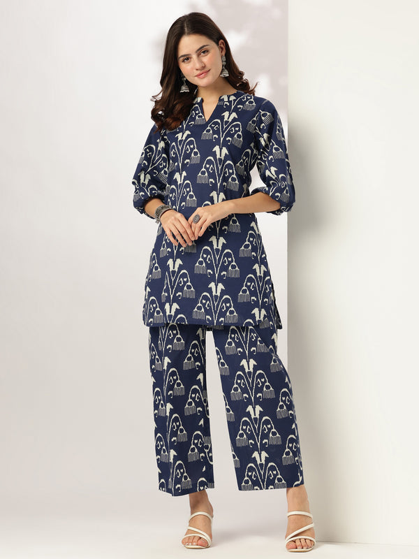 Janasya Dark Cotton Ikkat Straight Top & Bottom Set