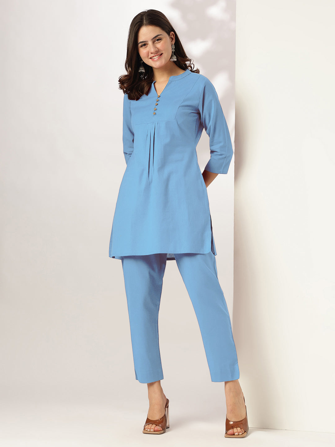 Janasya Light Cotton Solid A-Line Top & Bottom Set