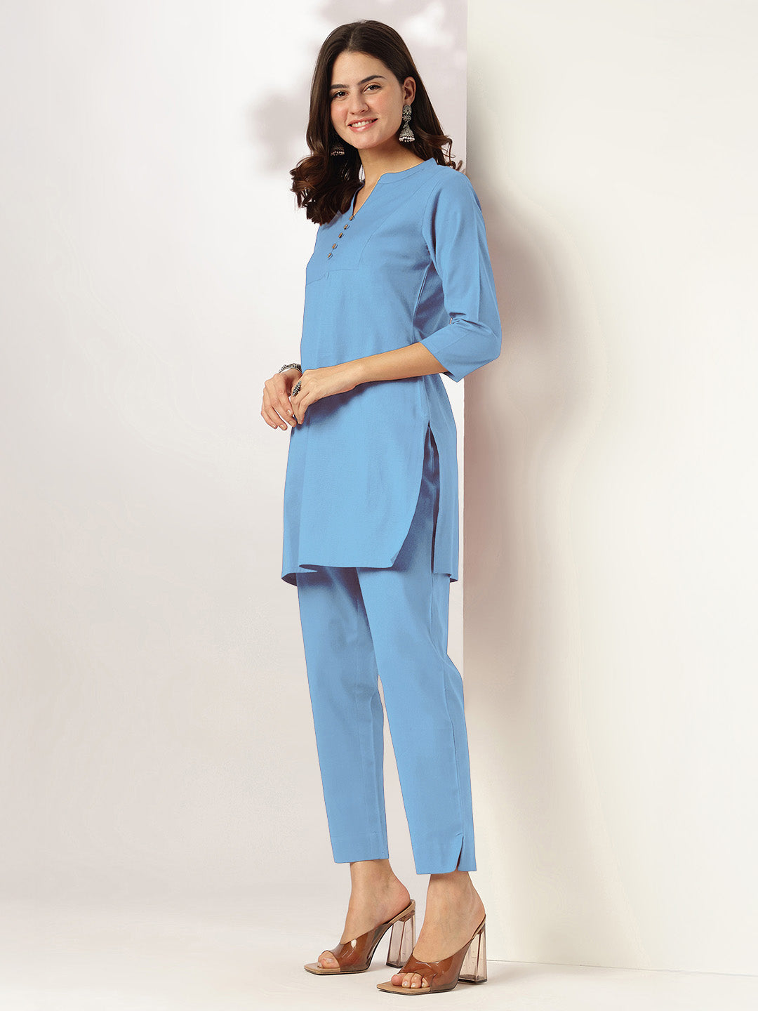 Janasya Light Cotton Solid A-Line Top & Bottom Set - Distacart