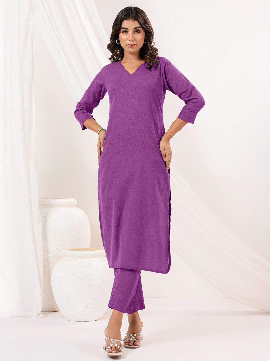 Janasya Light Cotton Solid Straight Kurta Set - Distacart